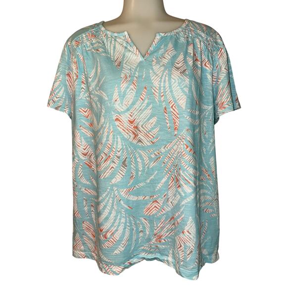 Chicos Size 2 US 12 Tribal Tropics Smocked Notch Neck Tee Feminine Tropical Top - Picture 1 of 5